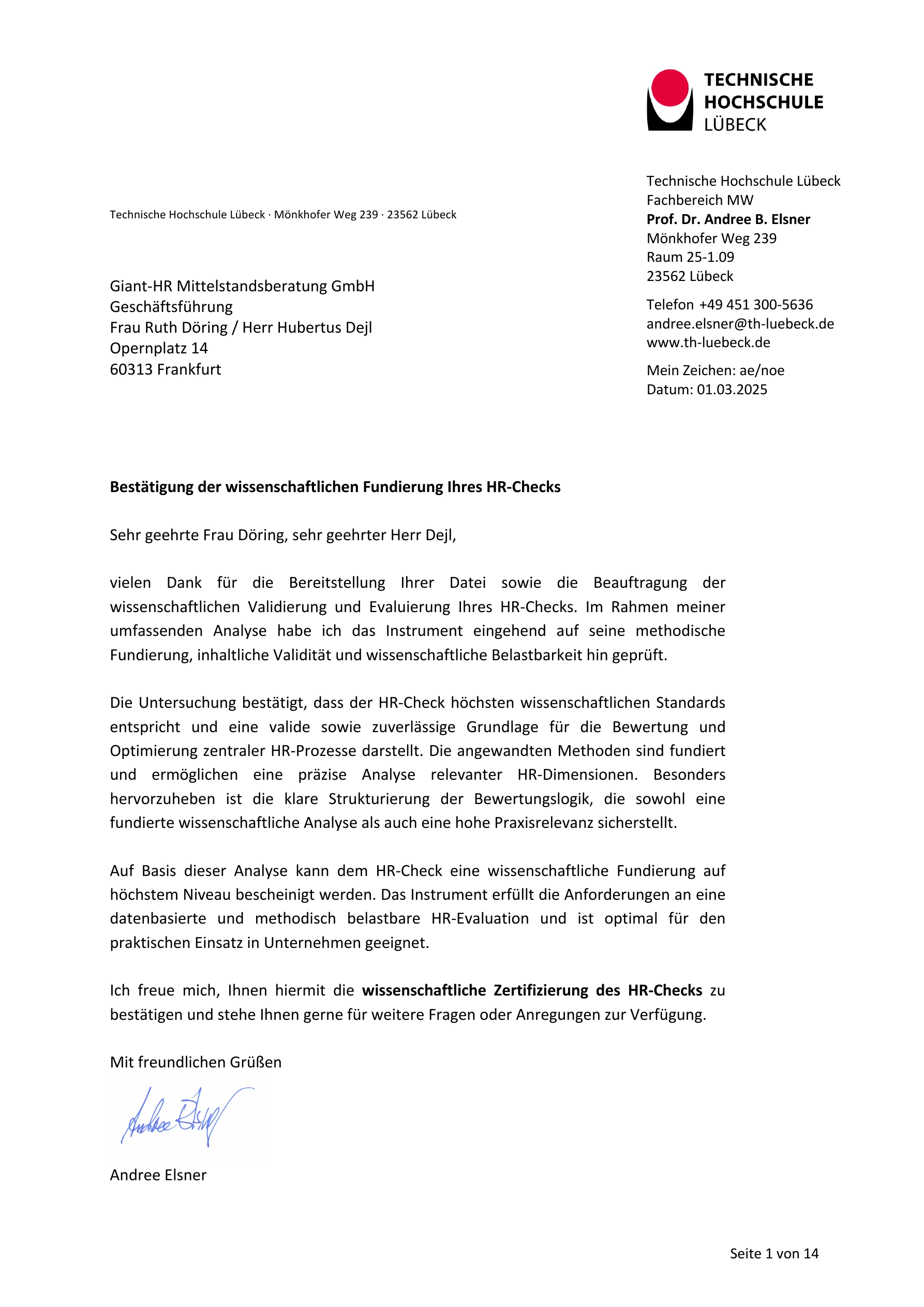 Originalbescheinigung der Technischen Hochschule Lübeck vom 1. März 2025: Prof. Dr. Andree B. Elsner bestätigt die wissenschaftliche Fundierung und Zertifizierung des HR-Checks.